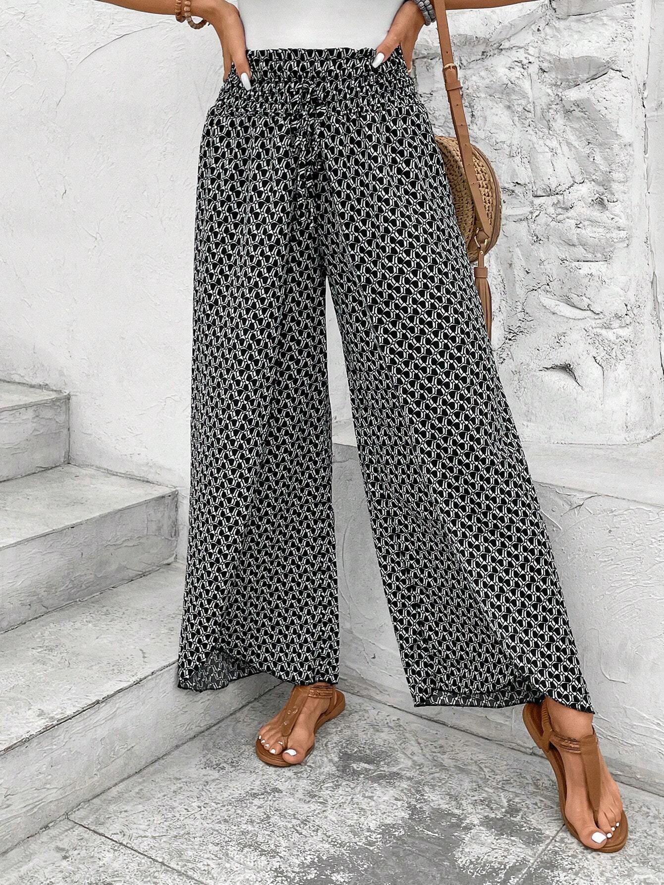 Women's Black Floral Shirred Side Slit Wide Leg Pants