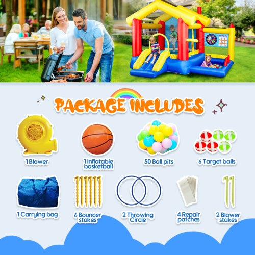 Bounce House 8-in-1 Inflatable Bounce House With Blower Basketball Stand Ocean Ball Throwing Ring Game Target And Sticky Ball Game For Kids