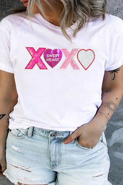 Women's White Plus Size XOXO Heart Sequin Valentines Graphic T Shirt