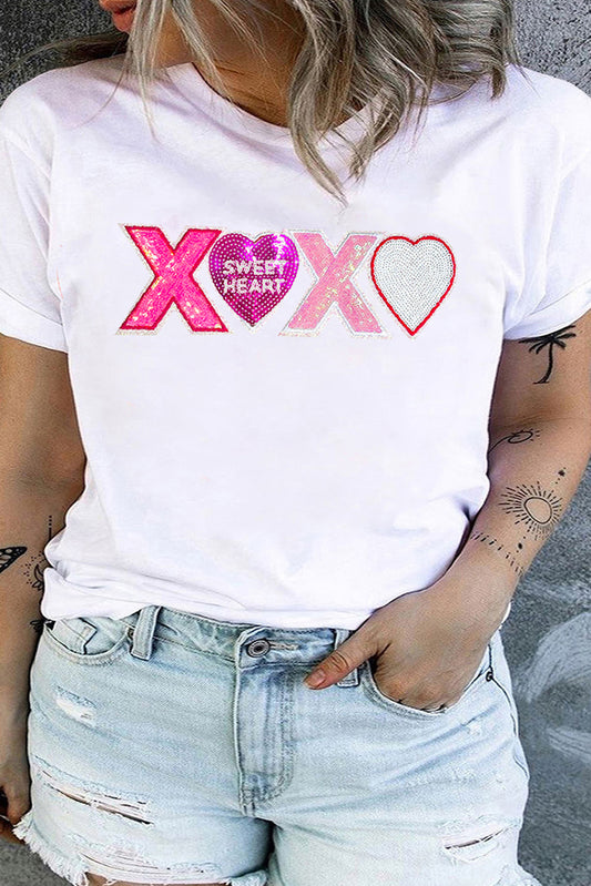 Women's White Plus Size XOXO Heart Sequin Valentines Graphic T Shirt