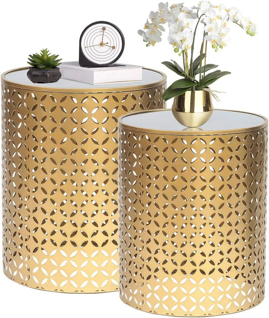 End Tables Set of 2, Gold Nesting Side Coffee Table Decorative round Nightstands (Stainless Steel Top), Suitable for Living Room