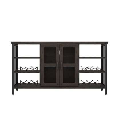 Wine Bar Cabinet for Liquor and Glasses, Rustic Wood Wine Bar Cabinet with Storage , Multifunctional Floor Wine Cabinet for Living Room(55 Inch, Black Gray)