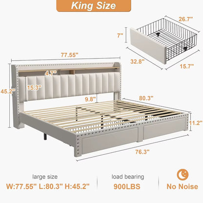 King Size Bed Frame with Storage and Headboard, Upholstered King Bed Frame with Storage, King Bed Frame with 2 Drawers