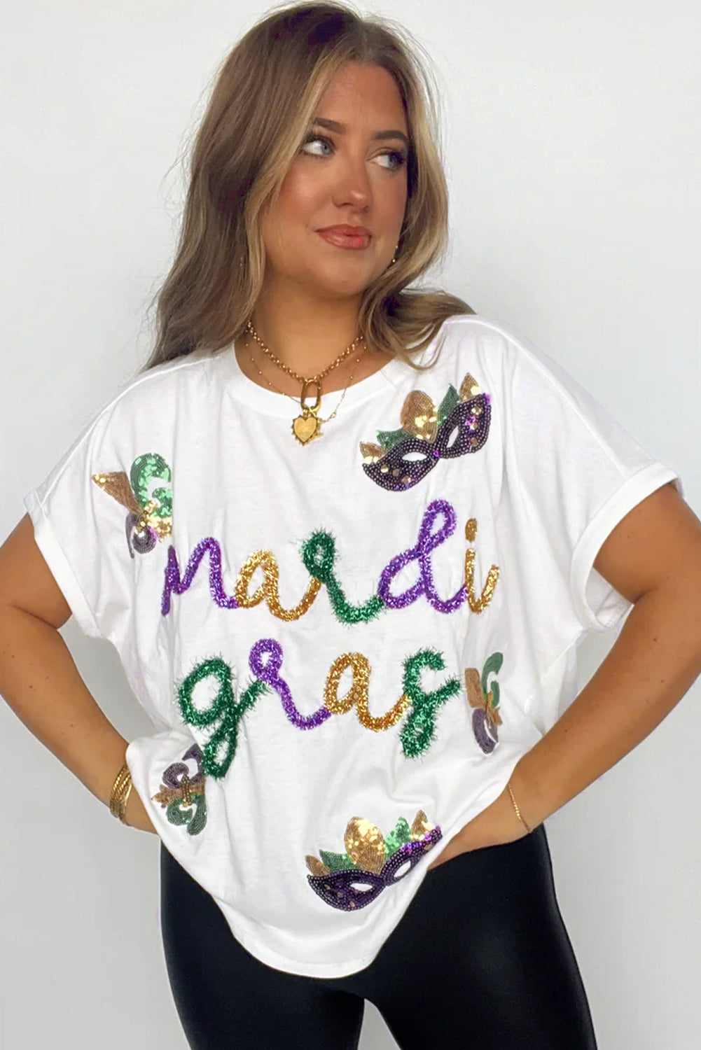 Women's White Tinsel Mardi Gras Sequin Graphic T Shirt