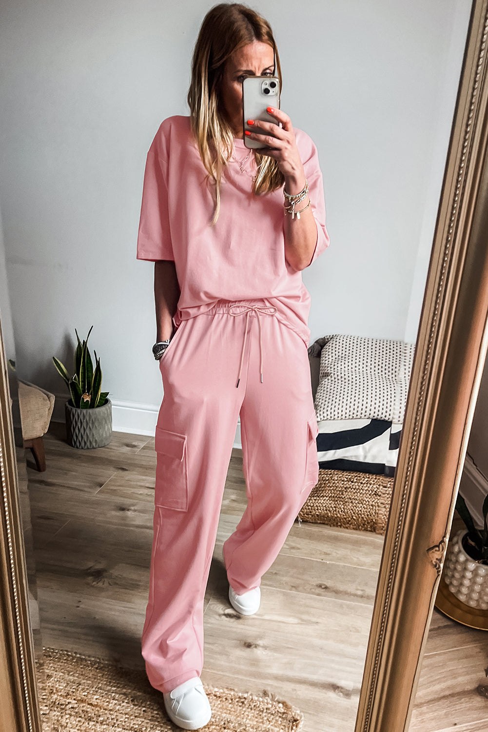 Women's Apricot Pink Half Sleeve T-Shirt & Cargo Sweatpants Set