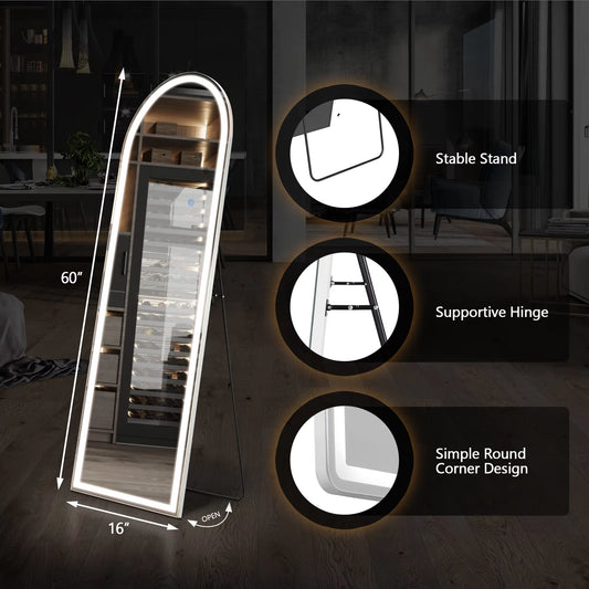 60"X16" Led Dimming Full Length Mirror 3 Color Lighting Aluminum Alloy Frame Standing Hanging Floor Mirrors for Living Room