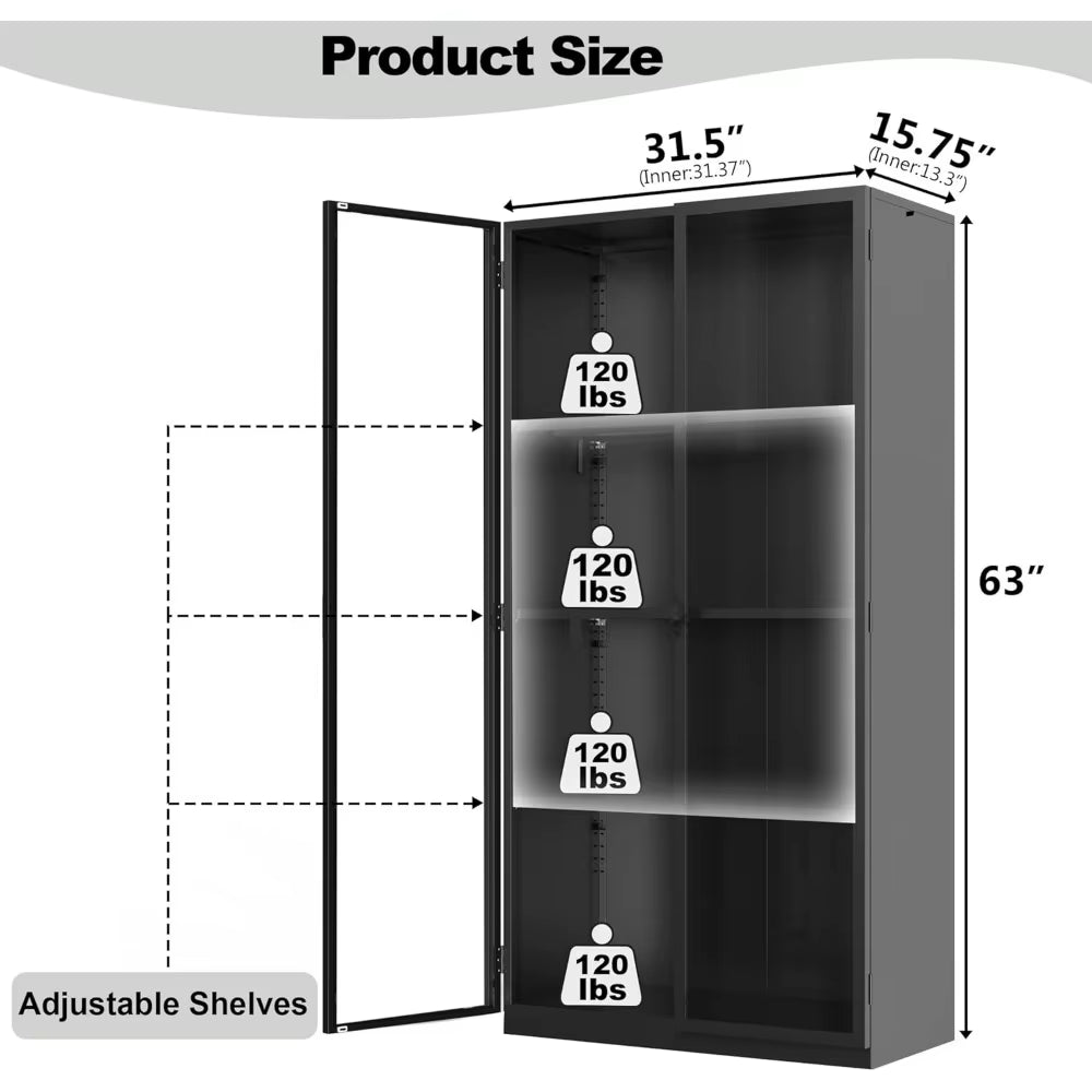 Display Cabinet with Glass Doors,Tall Glass Display Cabinet with LED Lights,Display Cabinets for Collectibles3Adjustable Shelves