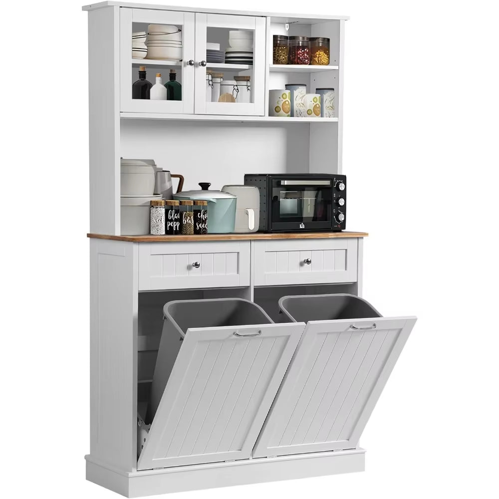 Kitchen Pantry Storage Cabinet, Microwave Cabinet with Tilt Out Trash Cabinet,Tall Pantry Cabinet Cupboard, Freestanding Kitchen