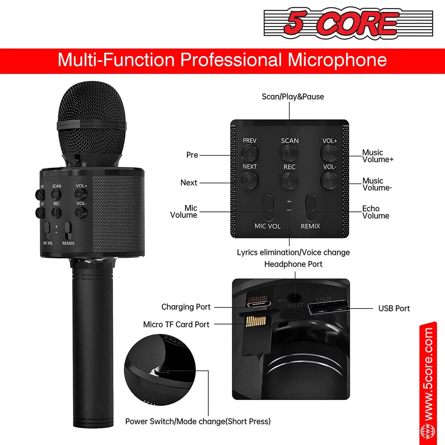 5Core Wireless Karaoke Microphone Bluetooth Mic Portable Handheld Microfonos Inalambricos