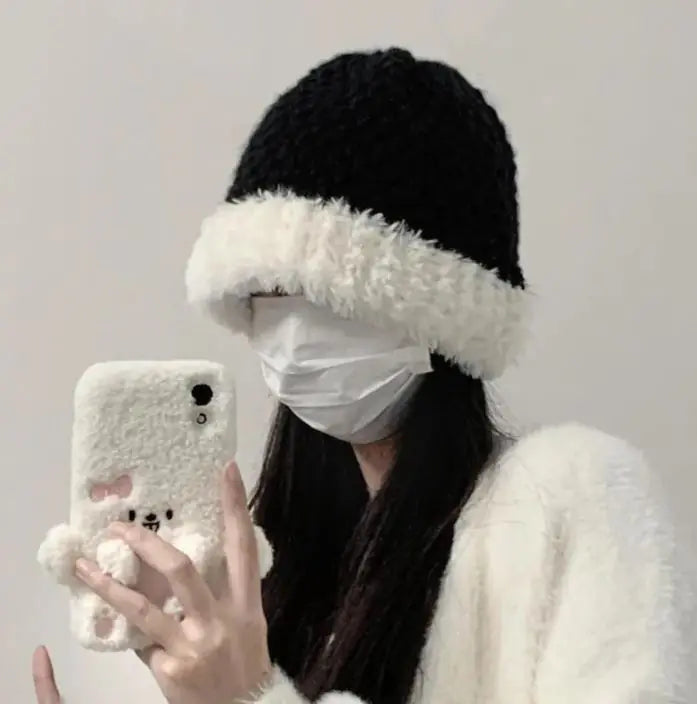 Handmade Plush Stitching Knitted Hat Female