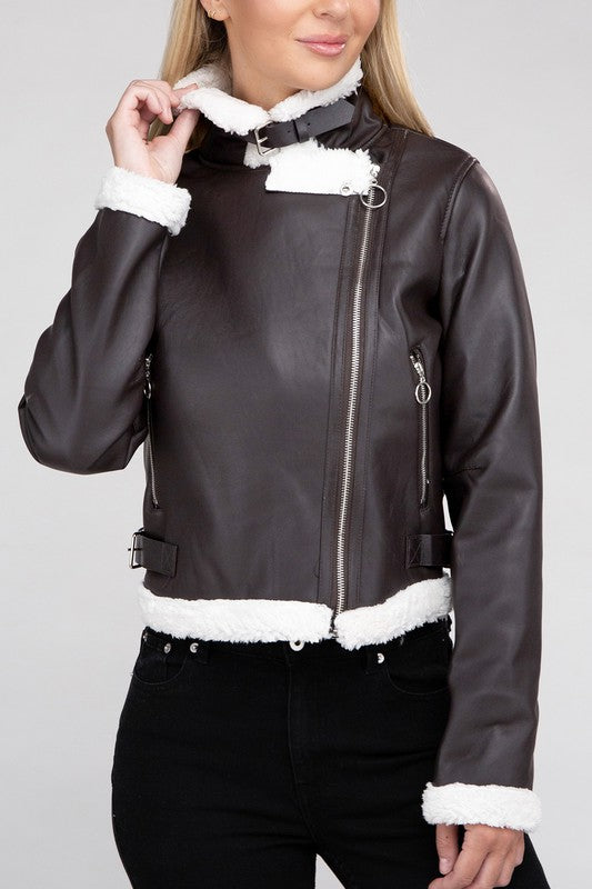 Women's Plush Teddy Trimmed PU Jacket - Perfect Stylish Winter Jacket