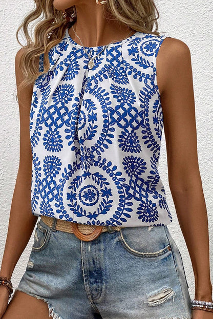 Women's Blue Boho Geometric Print Pleated Sleeveless Top