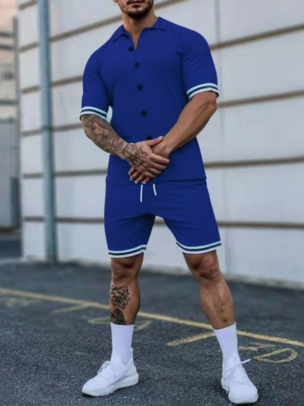 Men's color contrast lapel short-sleeved shirt + shorts two-piece suit