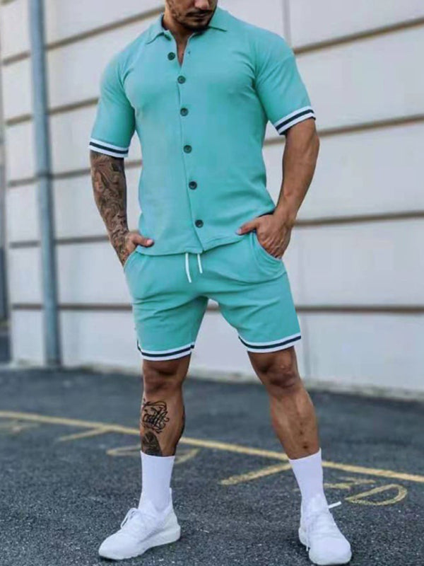 Men's color contrast lapel short-sleeved shirt + shorts two-piece suit