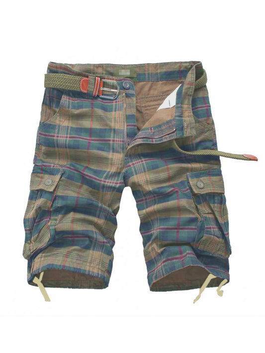 Cargo Shorts Men's Half Pocket Plaid Shorts