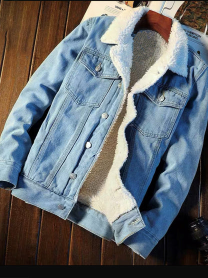 Men's warm sherpa button lapel denim jacket