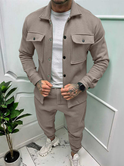 Men's new long-sleeved trousers single-breasted jacket solid color slim two-piece set