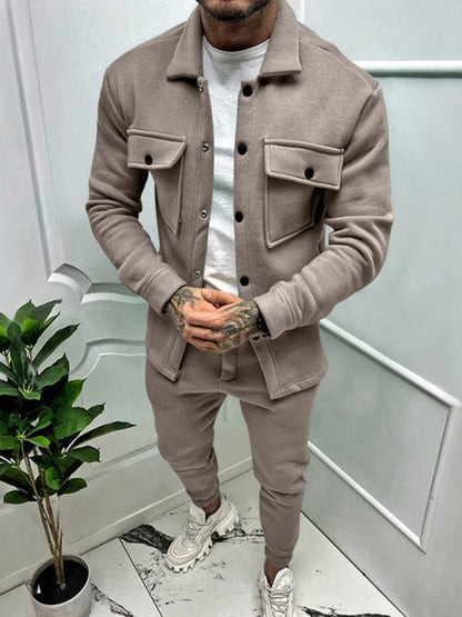 Men's new long-sleeved trousers single-breasted jacket solid color slim two-piece set