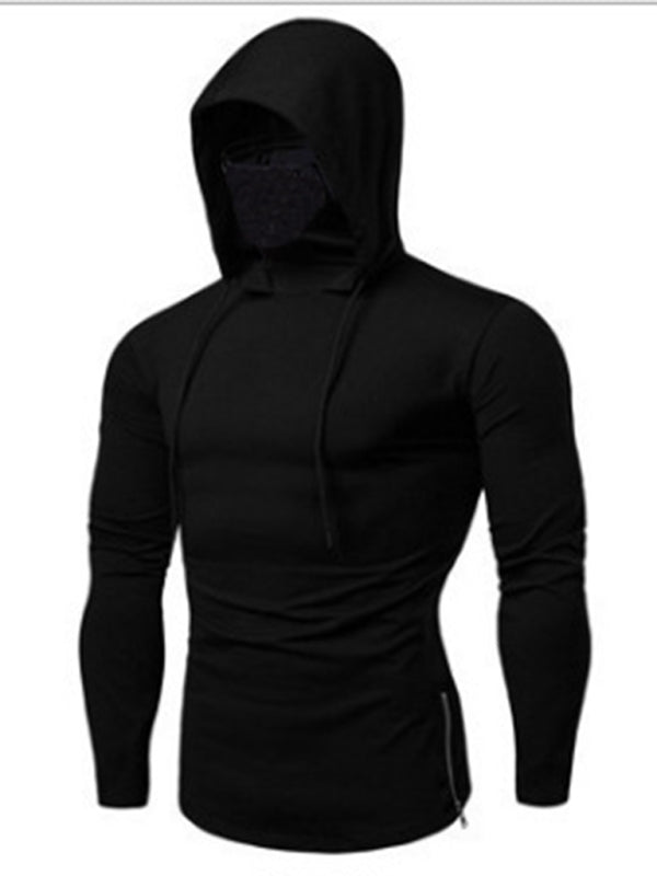 Men's new fitness cycling solid color elastic mask hooded pullover long-sleeved T-shirt sweatshirt