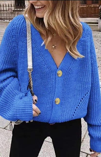 Solid V-Neck Lantern Sleeve Button Knit Cardigan