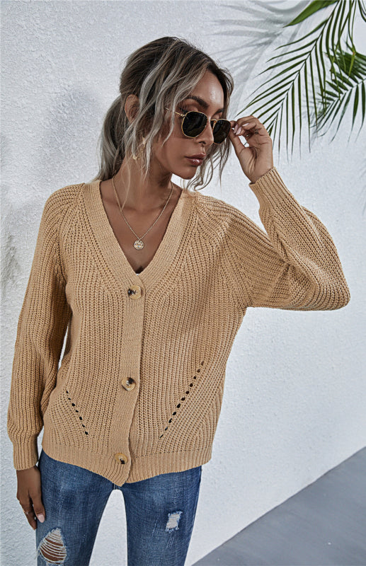 Solid V-Neck Lantern Sleeve Button Knit Cardigan