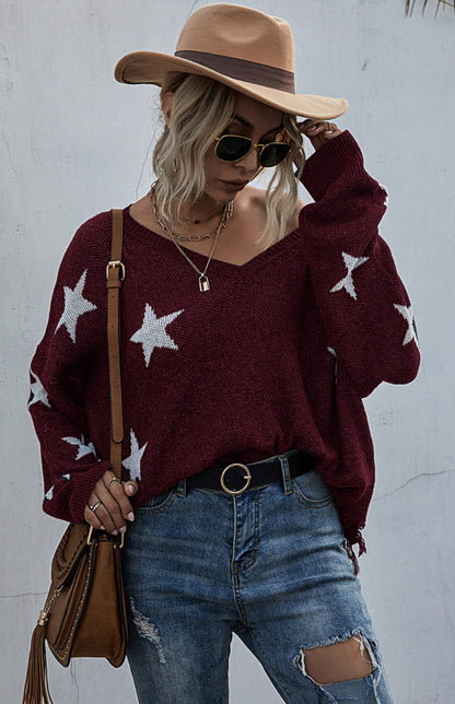 Women's Star Pattern V-Neck Fringe Women's Knit Sweater