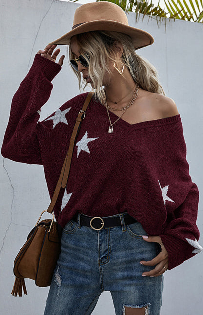 Women's Star Pattern V-Neck Fringe Women's Knit Sweater