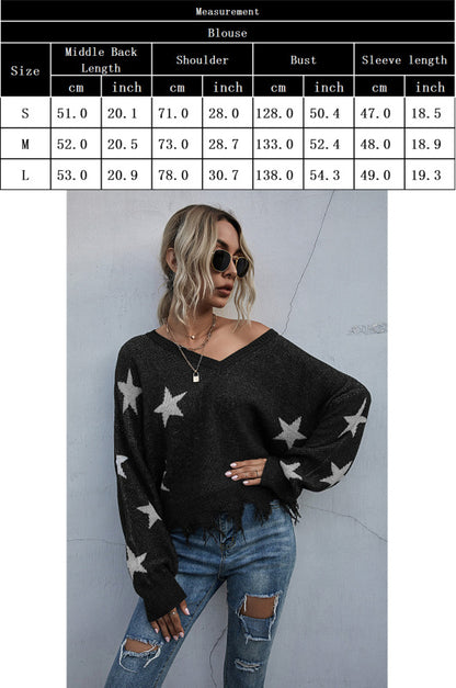 Women's Star Pattern V-Neck Fringe Women's Knit Sweater