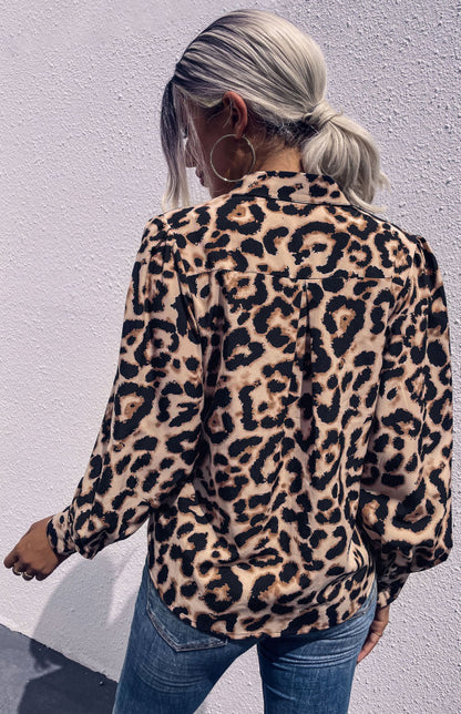 Women's Long Sleeve Leopard Print Lapel Shirt