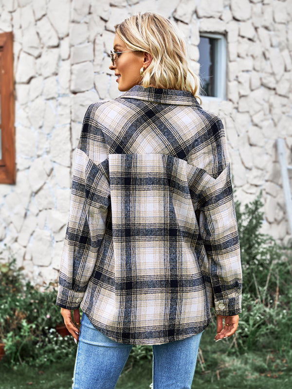 Women's medium length versatile plaid shirt top coat