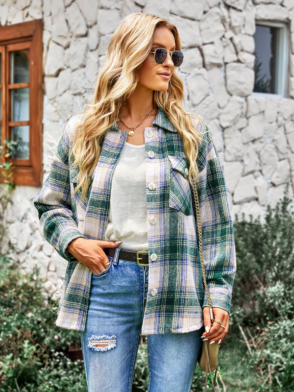 Women's medium length versatile plaid shirt top coat