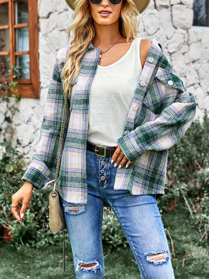 Women's medium length versatile plaid shirt top coat