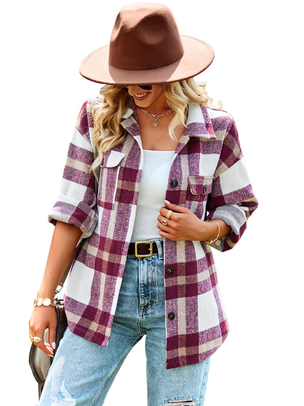 Women's Plaid long sleeve shirt casual coat