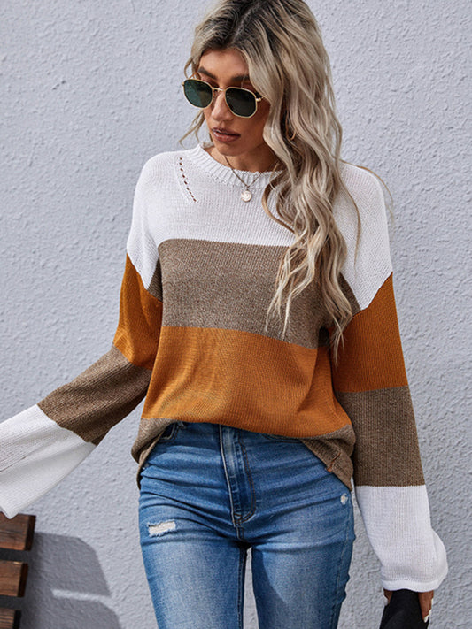 women's autumn and winter loose stitching long sleeve sweater