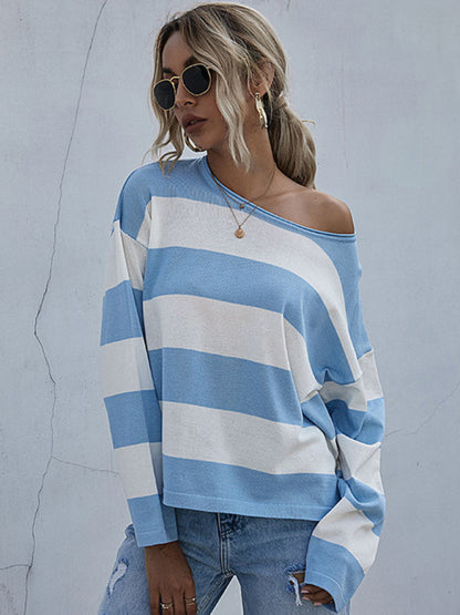 women's loose round neck long sleeve knitted striped sweater