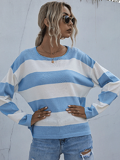 women's loose round neck long sleeve knitted striped sweater