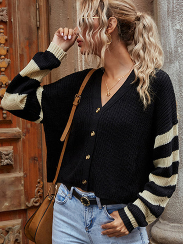 women's knitted striped sweater short coat cardigan