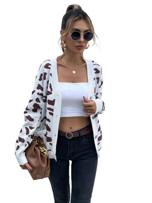 women's wind leopard print v-neck knitted sweater coat