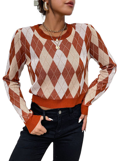 Foreign trade women's long-sleeved short rhombus sweater