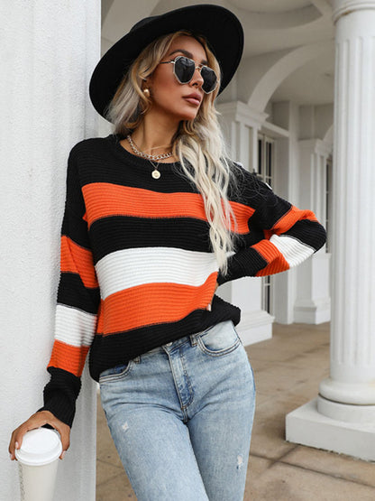 women's thin long sleeve loose striped knitted sweater