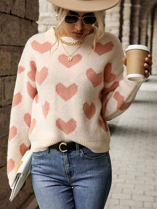 Knit Casual Heart Long Sleeve Pink Sweater