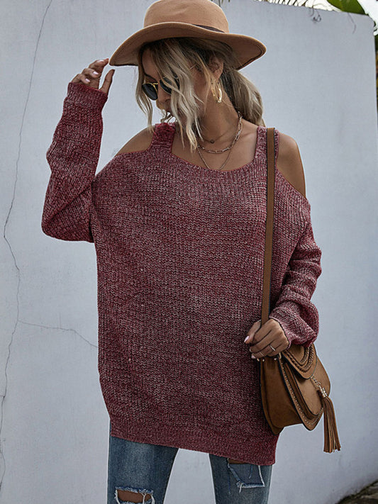 Women's solid color knitted square neck off shoulder bottoming sweater with long sleeves