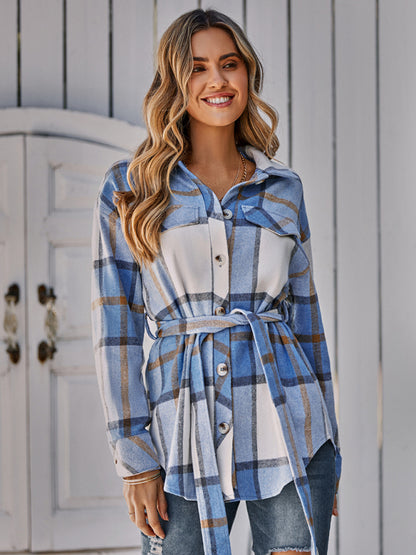 Women's single breasted casual plaid belt jacket