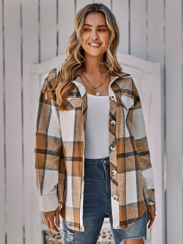 Women's single breasted casual plaid belt jacket