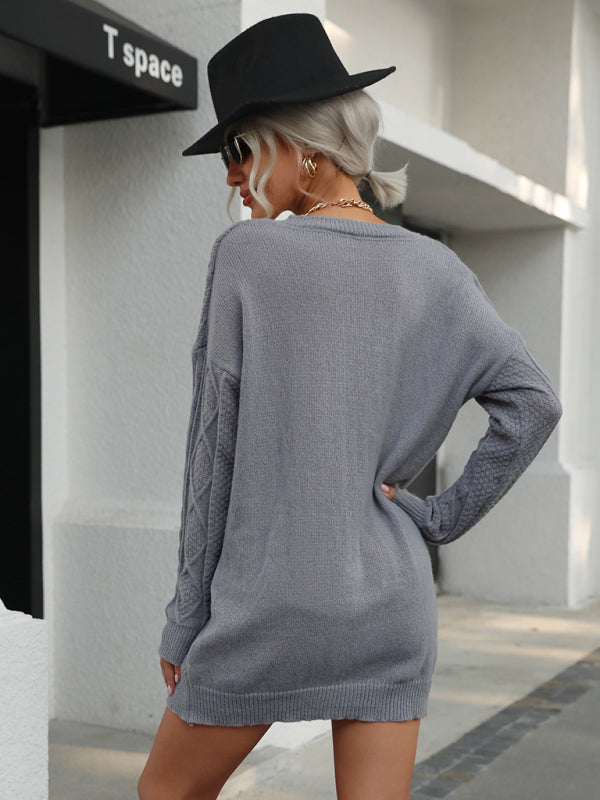 Women's loose casual stranded knitted sweater dress (without belt)