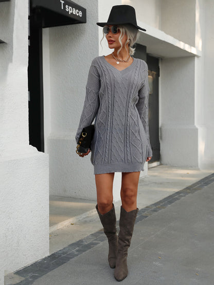 Women's loose casual stranded knitted sweater dress (without belt)