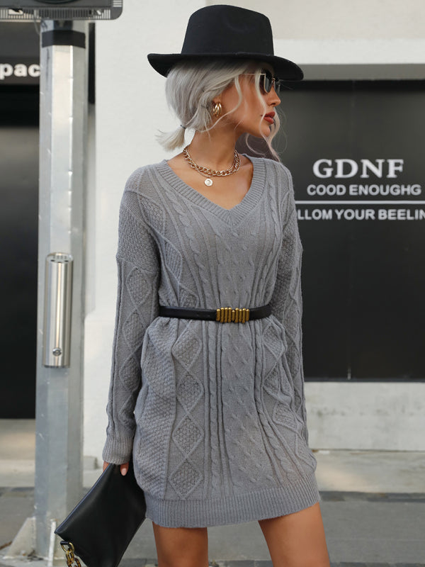 Women's loose casual stranded knitted sweater dress (without belt)