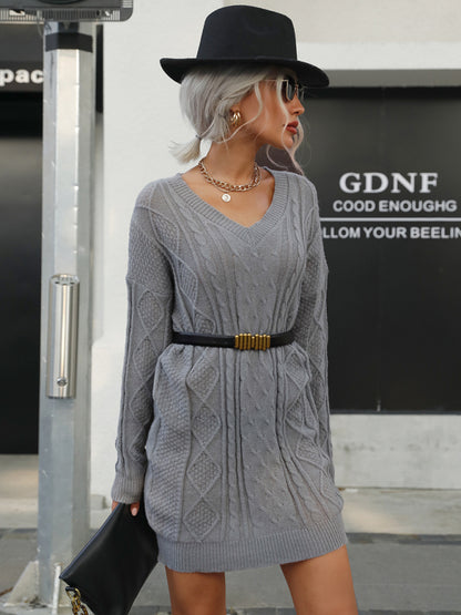 Women's loose casual stranded knitted sweater dress (without belt)