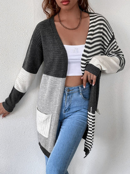 Women's striped color blocking buttonless knit cardigan