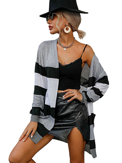 Women's long-sleeved striped sweater cardigan jacket